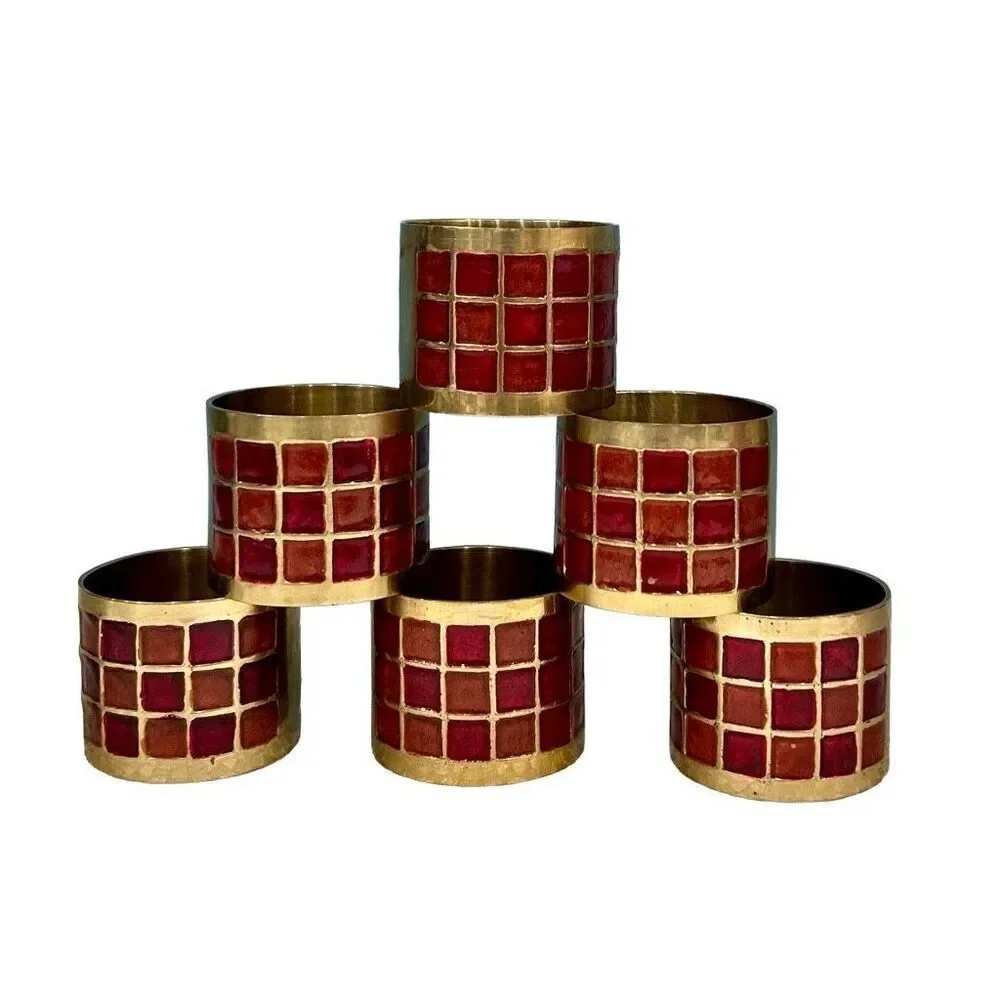 Pier 1 Vintage Brass with Red Enamel Napkin Rings Holder Set of 6 Geometric 80’s
